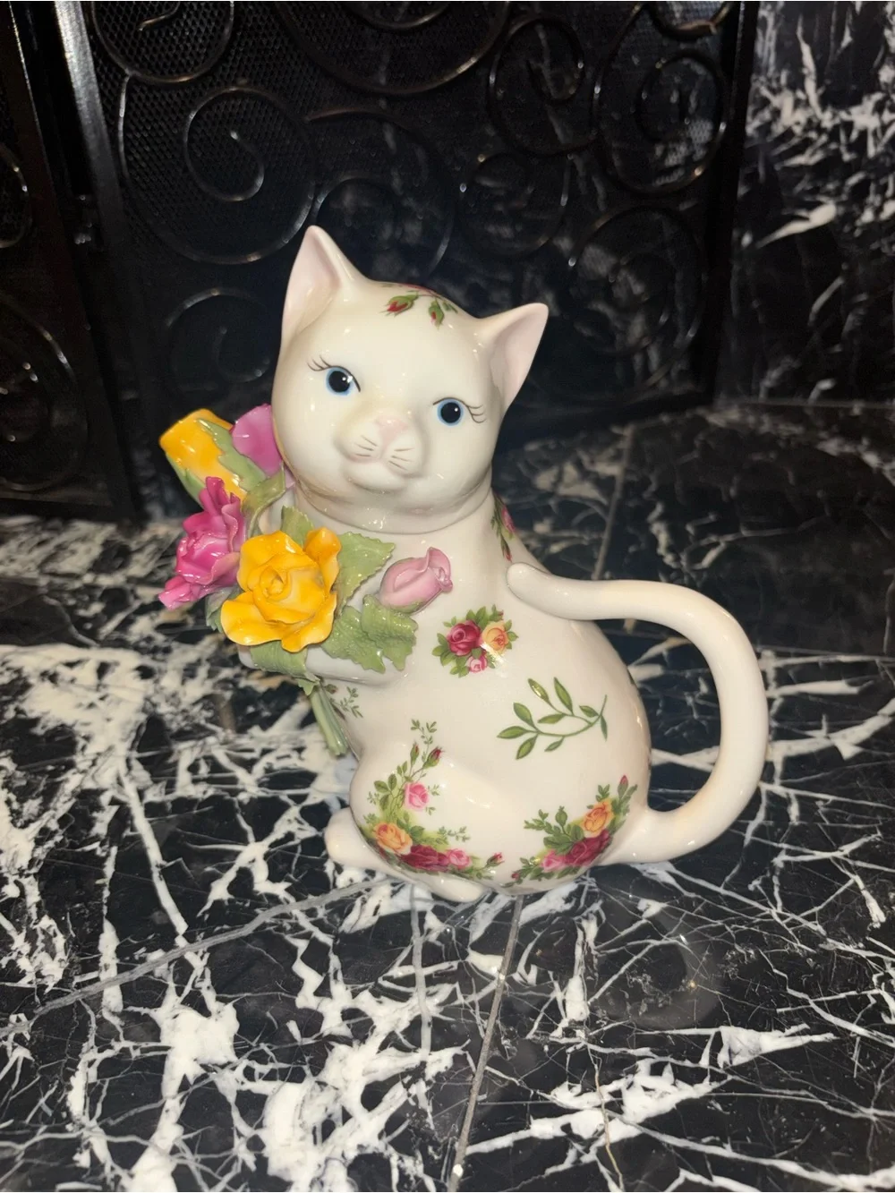 Royal Albert White Ceramic Cat Pitcher with Pink and Yellow Floral Bouquet